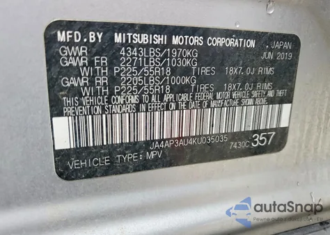 2019 Mitsubishi Outlander Sport Es z USA, uszkodzony, nr VIN JA4AP3AU4KU035035